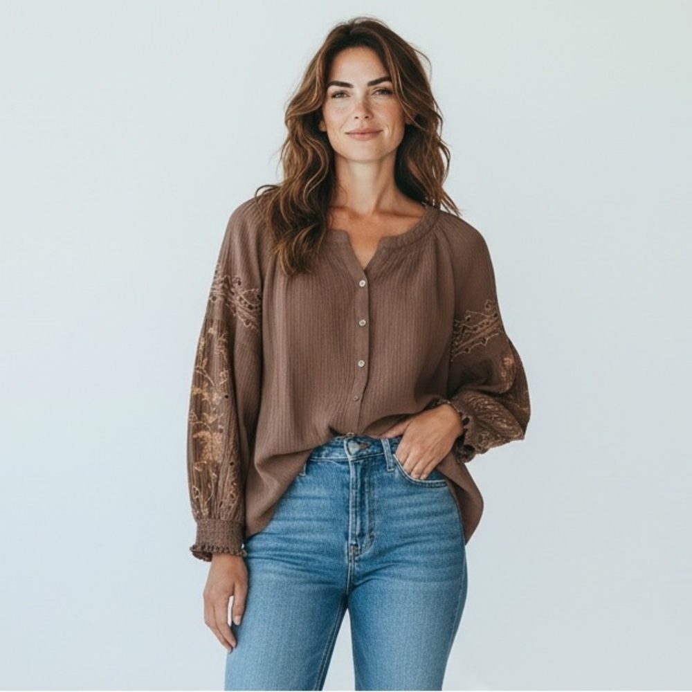 Wrap London – Embroidered Cotton Linen Blouse – Brown